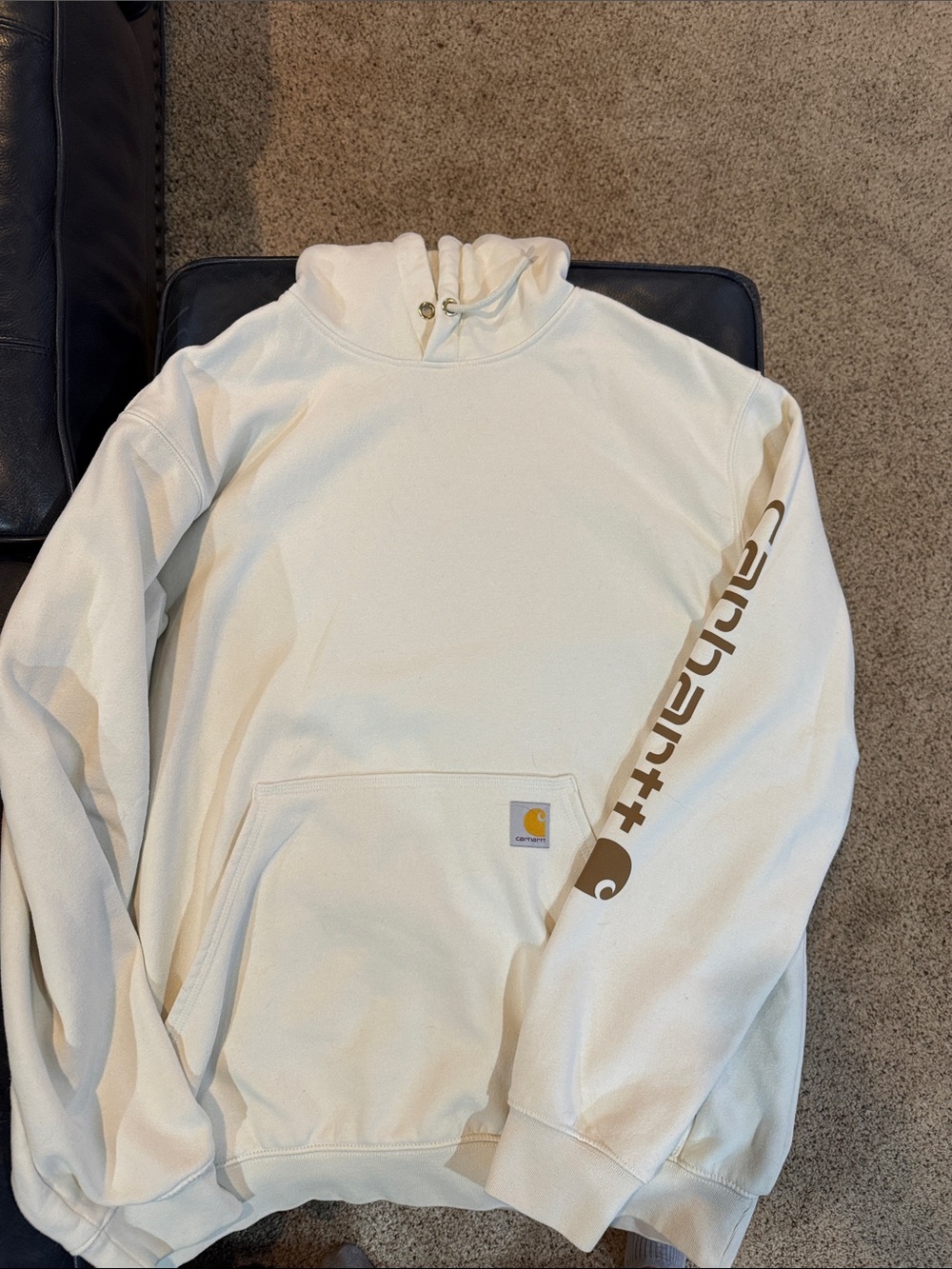 Carhartt Cream Hoodie with Brown Sleeve Logo